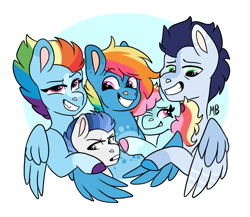 Size: 1010x877 | Tagged: safe, artist:moccabliss, imported from derpibooru, rainbow dash, soarin', oc, oc:cloud spirit, oc:steel storm, oc:sunny side up, bust, family, female, group hug, half-siblings, hug, male, offspring, older, older rainbow dash, older soarin', parent:rainbow dash, parent:soarin', parent:zephyr breeze, parents:soarindash, parents:zephdash, shipping, simple background, soarindash, straight, white background