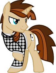 Size: 421x550 | Tagged: safe, artist:pegasski, artist:sapphireartemis, imported from derpibooru, oc, oc only, pony, unicorn, base used, clothes, horn, looking back, male, raised hoof, simple background, smiling, solo, stallion, transparent background, unicorn oc, unmoving plaid