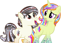 Size: 855x613 | Tagged: safe, artist:pegasski, artist:shiibases, artist:twiily-bases, imported from derpibooru, oc, oc only, oc:equanimity nova, oc:galaxy gleam, earth pony, pony, unicorn, base used, confused, duo, duo female, earth pony oc, ethereal mane, eyelashes, female, horn, looking up, mare, open mouth, open smile, simple background, smiling, starry mane, transparent background, unicorn oc, universe pony