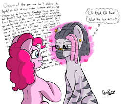 Size: 3598x3072 | Tagged: safe, artist:datzigga, imported from derpibooru, pinkie pie, oc, oc:dizzy, earth pony, pony, zebra, canon x oc, female, frown, glasses, high res, lidded eyes, looking at each other, love at first sight, male, open mouth, open smile, piercing, shipping, smiling, straight, text, vulgar, wall of text, zebra oc