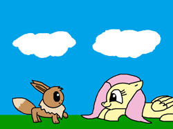 Size: 2000x1498 | Tagged: safe, artist:blazewing, imported from derpibooru, fluttershy, eevee, pegasus, pony, atg 2021, cloud, colored background, curious, drawpile, duo, female, lying down, mare, newbie artist training grounds, pokémon, prone, raised paw, smiling, surprised