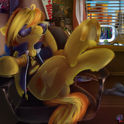 Size: 1000x1000 | Tagged: safe, artist:brainiac, artist:captainhoers, imported from derpibooru, spitfire, oc, oc:atom smasher, oc:whiskey lullaby, pegasus, pony, ask firestarter spitfire, fallout equestria, book, cellphone, chair, clothes, computer, computer chair, digital painting, farris buellers day off, female, frog (hoof), gift art, hooves, mare, movie reference, phone, scene interpretation, solo, sunglasses, towel, underhoof