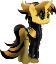 Size: 7235x8336 | Tagged: safe, artist:lincolnbrewsterfan, derpibooru exclusive, imported from derpibooru, oc, oc only, oc:killer epic, alicorn, pony, fallout equestria, rainbow roadtrip, .svg available, 3/4 view, absurd resolution, adorable distress, alicorn oc, belt, black, butt, clothes, colored wings, confused, cross necklace, cute, dock, dock fluff, epibetes, folded wings, gradient wings, gun, handgun, horn, inkscape, jacket, jewelry, killer eplot, leather jacket, lidded eyes, lincoln brewster, looking at you, looking back, looking back at you, male, movie accurate, necklace, pipbuck, pistol, plot, ponified, raised eyebrow, rear view, revolver, security belt, simple background, stallion, stallion oc, strap, svg, transparent background, two toned mane, two toned tail, utility belt, vector, weapon, wings, zipper