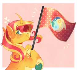 Size: 1449x1324 | Tagged: safe, artist:wanderingpegasus, edit, editor:anonymous, editor:edits of hate, imported from twibooru, sunset shimmer, pony, unicorn, /mlp/, alternate hairstyle, blushing, chest fluff, colored hooves, curved horn, cute, equestria flag, female, flag, freckles, heart, horn, image, mare, markings, png, redesign, solo, unofficial edits thread