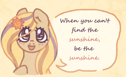 Size: 1218x746 | Tagged: safe, artist:weißchen, oc, oc only, earth pony, pony, blushing, bust, colored, cute, dialogue, drawthread, eye clipping through hair, featured image, female, hairclip, looking at you, mare, open mouth, positive message, positive ponies, simple background, smiling, smiling at you, solo, speech bubble, sun, talking, talking to viewer, text, yellow background