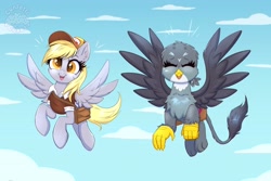 Size: 4096x2731 | Tagged: safe, artist:confetticakez, imported from derpibooru, derpy hooves, gabby, griffon, pegasus, pony, atg 2021, bag, clothes, duo, eyes closed, female, flying, hat, mailbag, mailmare, newbie artist training grounds, open mouth, saddle bag, shirt, smiling