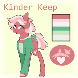 Size: 1280x1280 | Tagged: safe, artist:primrosepaper, imported from derpibooru, oc, oc only, oc:kinder keep, earth pony, pony, bow, clothes, color palette, female, glasses, jacket, jewelry, magical lesbian spawn, mare, necklace, offspring, parent:cheerilee, parent:mayor mare, pearl necklace, shirt, solo, tail bow