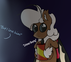 Size: 1483x1296 | Tagged: safe, artist:stemthebug, imported from derpibooru, oc, oc only, oc:stem bedstraw, hybrid, insect, moth, mothpony, original species, pony, cup, drink, drinking, soda, solo, text, tongue out