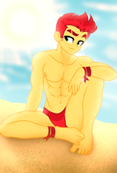 Size: 1080x1596 | Tagged: safe, artist:jvartes6112, imported from derpibooru, flash magnus, equestria girls, abs, beach, belly button, clothes, cloud, equestria girls-ified, feet, male, male feet, male nipples, nipples, nudity, outdoors, partial nudity, sitting, solo, speedo, sun, topless