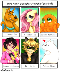 Size: 1603x1930 | Tagged: safe, artist:jvartes6112, imported from derpibooru, fluttershy, bear, dog, fish, human, octopus, pegasus, polar bear, pony, six fanarts, collar, crossover, eyelashes, female, male, mare, mask, miraculous ladybug, scooby doo, scooby doo (character), smiling, steven quartz universe, steven universe