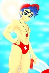 Size: 1080x1596 | Tagged: safe, artist:jvartes6112, imported from derpibooru, flash sentry, human, equestria girls, abs, beach, belly button, clothes, cloud, flex sentry, hand on hip, hat, life preserver, lifebuoy, lifeguard, looking at you, low angle, male, male nipples, muscles, muscular male, nipples, nudity, outdoors, partial nudity, sexy, smiling, smiling at you, solo, stupid sexy flash sentry, sun, swimming trunks, topless, whistle