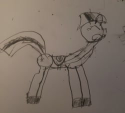 Size: 1512x1368 | Tagged: safe, artist:joeydr, imported from derpibooru, twilight sparkle, pony, unicorn, atg 2021, boots, clothes, eyes closed, female, mare, monochrome, newbie artist training grounds, saddle, shoes, solo, tack, traditional art