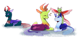 Size: 2048x963 | Tagged: safe, artist:paintedsnek, imported from derpibooru, pharynx, thorax, oc, oc:apex, oc:apex (kolb), oc:calor the changeling, changedling, changeling, nymph, fanfic:the king of love bugs, apex riding thorax, changedling brothers, changedling oc, changeling oc, changelings riding changelings, commission, commissioner:navelcolt, cute, king thorax, pony hat, ponyloaf, prince pharynx, riding, simple background, spread wings, transparent background, wings