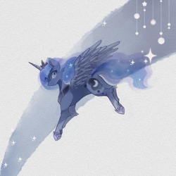 Size: 2000x2000 | Tagged: safe, artist:肥雪雪雪雪雪雪雪, imported from derpibooru, princess luna, alicorn, pony, clothes, crown, digital watercolor, ethereal mane, eye clipping through hair, female, flying, galaxy mane, high res, horn, jewelry, looking at you, mare, paper texture, peytral, regalia, shoes, smiling, smiling at you, solo, spread wings, stars, traditional art, transparent, wings