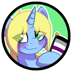 Size: 1380x1382 | Tagged: safe, artist:mynder, imported from derpibooru, oc, oc only, oc:art's desire, pony, unicorn, asexual pride flag, blushing, eye clipping through hair, female, horn, mare, pride, pride flag, solo, unicorn oc