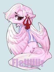 Size: 2048x2732 | Tagged: safe, artist:fleuuur, imported from derpibooru, oc, oc only, pegasus, pony, clothes, cross, ear piercing, earring, floppy ears, high res, jewelry, looking back, pegasus oc, piercing, rear view, shirt, solo, spread wings, tail fluff, wing hole, wings