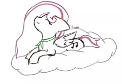 Size: 675x462 | Tagged: safe, artist:priseboom, imported from derpibooru, oc, oc only, oc:lavender sound, pegasus, pony, cloud, eyes closed, female, lying down, mare, music notes, on a cloud, pegasus oc, simple background, smiling, solo, wings