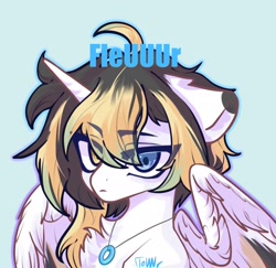 Size: 1916x1860 | Tagged: safe, artist:fleuuur, imported from derpibooru, oc, oc only, alicorn, pony, alicorn oc, bust, frown, heterochromia, horn, jewelry, necklace, obtrusive watermark, portrait, solo, watermark, wings