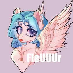 Size: 2048x2048 | Tagged: safe, artist:fleuuur, imported from derpibooru, oc, oc only, pegasus, pony, :p, bust, ear fluff, ear piercing, earring, female, freckles, high res, jewelry, mare, obtrusive watermark, pegasus oc, piercing, portrait, solo, spread wings, tongue out, unshorn fetlocks, watermark, wings