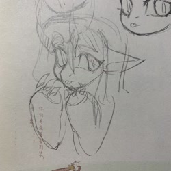Size: 3024x3024 | Tagged: safe, artist:fleuuur, imported from derpibooru, oc, oc only, pony, :p, chinese, eyebrows, eyebrows visible through hair, female, floppy ears, high res, horns, mare, pencil drawing, solo, tongue out, traditional art, translation request