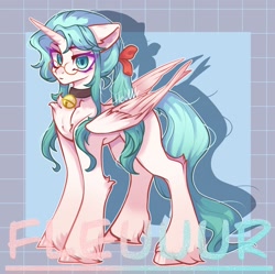 Size: 2325x2318 | Tagged: safe, alternate version, artist:fleuuur, imported from derpibooru, oc, oc only, oc:单子, alicorn, pony, alicorn oc, bell, bow, chest fluff, collar, ear fluff, female, glasses, grid background, hair bow, high res, horn, looking at you, mare, obtrusive watermark, ponytail, smiling, smiling at you, solo, square background, unshorn fetlocks, watermark, wings