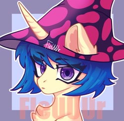 Size: 1939x1895 | Tagged: safe, artist:fleuuur, imported from derpibooru, oc, oc only, pony, chest fluff, curved horn, ear fluff, hat, horn, looking at you, obtrusive watermark, solo, watermark, witch hat