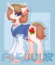 Size: 1862x2217 | Tagged: safe, artist:fleuuur, imported from derpibooru, oc, oc only, pony, unicorn, chest fluff, clothes, curved horn, ear piercing, earring, horn, jewelry, lidded eyes, obtrusive watermark, piercing, shirt, solo, unicorn oc, watermark