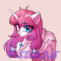 Size: 2048x2048 | Tagged: safe, artist:fleuuur, imported from derpibooru, oc, oc only, alicorn, pony, alicorn oc, bust, chest fluff, colored wings, ear fluff, heterochromia, high res, horn, jewelry, necklace, obtrusive watermark, portrait, solo, watermark, wings