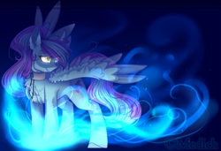 Size: 2963x2024 | Tagged: safe, artist:mediasmile666, imported from derpibooru, oc, oc only, pegasus, pony, choker, female, frown, glowing eyes, heterochromia, high res, jewelry, mare, pegasus oc, pendant, solo, spread wings, unamused, wings