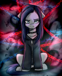 Size: 884x1080 | Tagged: safe, artist:megabait, imported from derpibooru, oc, oc only, oc:lina, oc:megabait, pony, chains, choker, clothes, collar, dark, depression, floppy ears, goth, gothic, hoodie, solo, studded choker