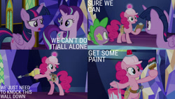 Size: 1280x720 | Tagged: safe, edit, edited screencap, editor:quoterific, imported from derpibooru, screencap, pinkie pie, spike, starlight glimmer, twilight sparkle, alicorn, dragon, earth pony, pony, unicorn, school daze, season 8, spoiler:s08, bipedal, female, male, mare, open mouth, pinkie being pinkie, twilight sparkle (alicorn), twilight's castle