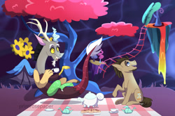 Size: 1280x854 | Tagged: safe, artist:primrosepaper, imported from derpibooru, discord, doctor whooves, time turner, draconequus, earth pony, pony, crack shipping, cup, date, food, gay, male, origami, picnic, picnic blanket, shipping, stallion, teacup, teapot, the discord zone