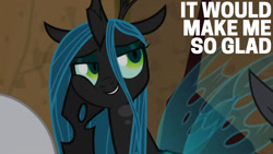 Size: 1280x720 | Tagged: safe, edit, edited screencap, editor:quoterific, imported from derpibooru, screencap, lord tirek, queen chrysalis, changeling, pony, frenemies (episode), season 9, spoiler:s09, cheek squish, cute, cutealis, female, mare, offscreen character, smiling, solo focus, squishy cheeks