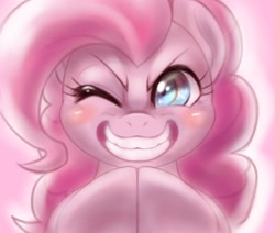 Size: 2048x1740 | Tagged: safe, artist:kurogewapony, imported from derpibooru, pinkie pie, earth pony, pony, blushing, close-up, evil grin, gendo pose, grin, one eye closed, smiling, solo, wink