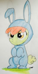 Size: 653x1244 | Tagged: safe, artist:entou, artist:entous-art, imported from derpibooru, apple bloom, earth pony, pony, adorabloom, animal costume, bunny bloom, bunny costume, clothes, costume, cute, easter, female, filly, holiday, solo, traditional art