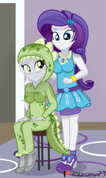 Size: 1129x1876 | Tagged: safe, artist:tabrony23, imported from derpibooru, rarity, oc, oc:fossil fluster, human, equestria girls, animal costume, animal onesie, boob socks, breasts, clothes, costume, dinosaur costume, dragon costume, duo, duo female, equestria girls oc, equestria girls-ified, female, kigurumi, not derpy, not limestone pie, onesie, rarity peplum dress, show accurate