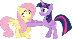 Size: 6001x3231 | Tagged: safe, artist:frownfactory, imported from derpibooru, fluttershy, twilight sparkle, alicorn, pegasus, pony, season 5, the hooffields and mccolts, absurd resolution, awkward, bipedal, duo, duo female, female, horn, hug, mare, simple background, transparent background, twilight sparkle (alicorn), vector, wings