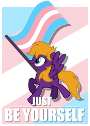 Size: 4469x6247 | Tagged: safe, artist:estories, imported from derpibooru, oc, oc only, oc:ale, oc:purple creativity, pegasus, pony, absurd resolution, female, flag, holding a flag, mare, mouth hold, pegasus oc, pride, pride flag, solo, transgender, transgender pride flag