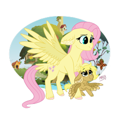 Size: 2091x2048 | Tagged: safe, artist:moccabliss, imported from derpibooru, fluttershy, oc, oc:sona shy, pegasus, pony, duo, female, filly, high res, magical lesbian spawn, mare, mother and child, mother and daughter, offspring, parent:bulk biceps, parent:derpy hooves, parent:fluttershy, parents:derpyshy, parents:flutterbulk, simple background, sperm donation, tail feathers, transparent background, unshorn fetlocks