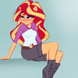 Size: 1280x1280 | Tagged: dead source, safe, artist:xjenn9, imported from derpibooru, sunset shimmer, equestria girls, belt, blushing, boots, camp everfree outfits, clothes, denim shorts, dreamworks face, eyebrows, eyebrows visible through hair, female, grin, high heel boots, long hair, ponied up, pony ears, seductive, seductive pose, shoes, shorts, sitting, sketch, smiling, solo, two toned hair, yellow skin