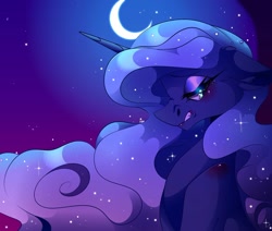 Size: 1080x915 | Tagged: safe, artist:tessa_key_, imported from derpibooru, princess luna, alicorn, pony, bedroom eyes, bust, crescent moon, eyelashes, female, horn, makeup, mare, missing accessory, moon, night, signature, solo, stars