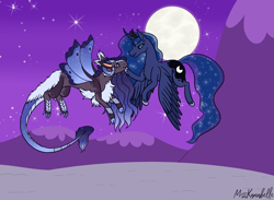 Size: 2622x1916 | Tagged: safe, artist:misskanabelle, imported from derpibooru, princess luna, oc, oc:somnus, alicorn, pony, duo, ethereal mane, female, flying, full moon, horn, mare, moon, mountain, night, outdoors, signature, starry mane, stars