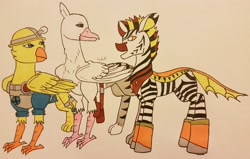 Size: 3787x2416 | Tagged: safe, artist:agdapl, imported from derpibooru, griffon, hippogriff, zebra, crossover, engineer, griffonized, high res, hippogriffied, looking back, medic, pyro, species swap, team fortress 2, traditional art, zebrafied