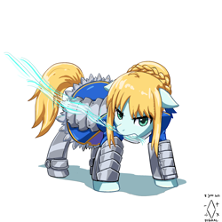 Size: 2000x2000 | Tagged: safe, artist:digiral, imported from derpibooru, pony, anime, artoria pendragon, clothes, dress, fate/stay night, floppy ears, high res, magic, mouth hold, ponified, saber, simple background, solo, weapon, white background