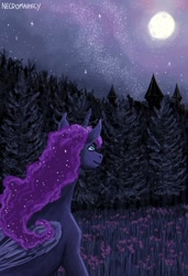 Size: 1404x2048 | Tagged: safe, artist:necromarecy, imported from derpibooru, princess luna, alicorn, pony, forest, full moon, moon, night, smiling, solo