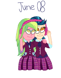 Size: 2000x2548 | Tagged: safe, artist:ktd1993, imported from derpibooru, indigo zap, lemon zest, equestria girls, 8, female, hand around neck, headphones, heads together, high res, lemonzap, lesbian, listen, listening, listening to music, music, sharing headphones, shipping