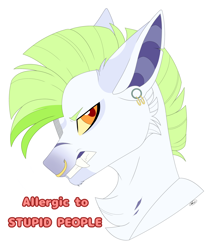 Size: 3000x3468 | Tagged: safe, artist:melodytheartpony, imported from derpibooru, oc, oc only, earth pony, angry, art trade, art trades open, big teeth, chest fluff, ear piercing, fangs, gauges, green mane, grumpy, high res, male, mohawk, nose piercing, orange eyes, piecing, piercing, scar, simple background, text, white background, yellow sclera