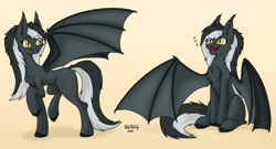 Size: 1280x693 | Tagged: safe, artist:zackwhitefang, imported from derpibooru, oc, oc only, bat pony, pony, bat pony oc, bat wings, commission, cute, cute little fangs, fangs, female, hooves, mare, open mouth, simple background, sitting, solo, solo female, spread wings, tail, wings