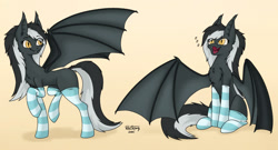 Size: 1280x693 | Tagged: safe, alternate version, artist:zackwhitefang, imported from derpibooru, oc, oc only, bat pony, pony, bat pony oc, bat wings, clothes, commission, cute, cute little fangs, eeee, fangs, female, hooves, mare, open mouth, simple background, sitting, socks, solo, solo female, spread wings, striped socks, tail, wings