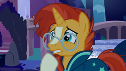 Size: 1920x1080 | Tagged: safe, imported from derpibooru, screencap, sunburst, pony, unicorn, season 9, student counsel, spoiler:s09, blaze (coat marking), cloak, clothes, coat markings, facial markings, glasses, male, socks (coat markings), solo, stallion, sunburst's cloak, sunburst's glasses, worried